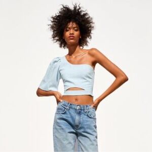 Zara Sky Blue Asymmetric One-Shoulder Crop Top